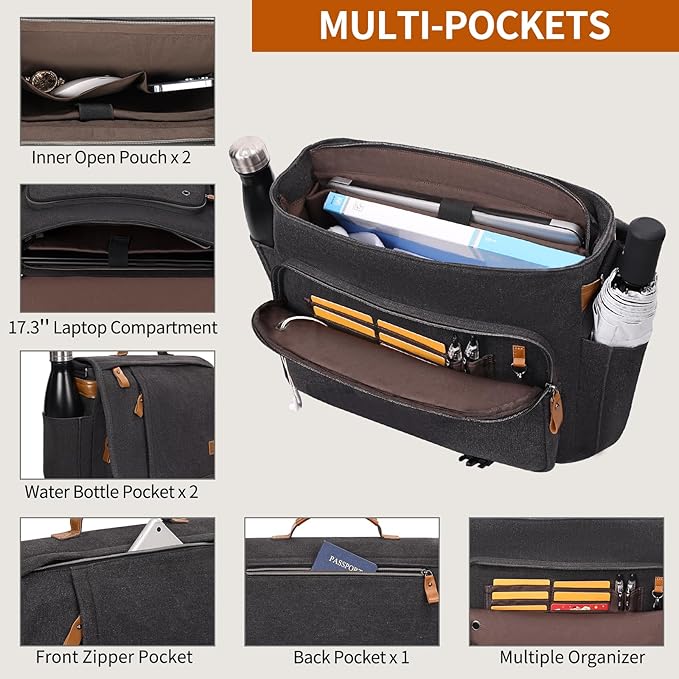 ESTARER Messenger Bag 17-17.3 Inch, Men's Computer Satchel Water-resistant Canvas, Teacher Laptop Briefcase for Work Office College, Dark Grey
