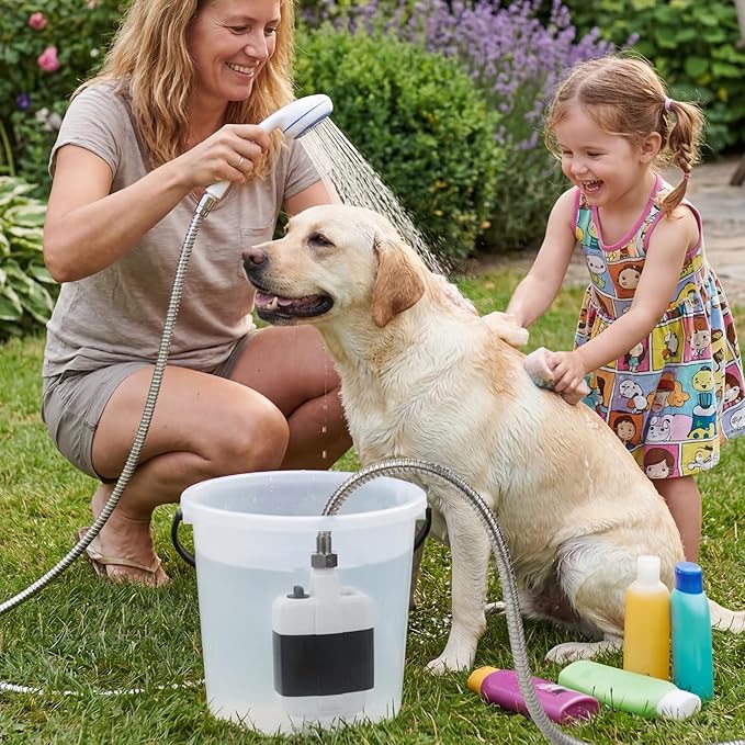 Portable Rechargeable Camping Shower Pump - 4000mAh Battery Outdoor Shower Head Sprayer, Draws Water from Bucket for Camping, Hiking, Travel, Car Washing & Pet Cleaning