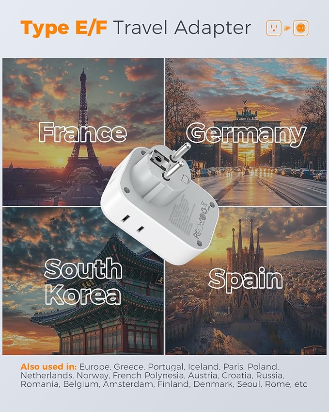 TESSAN 2 Pack Type E F Plug Adapter, Germany France Power Travel Adaptor with 3 USB Charger(1 USB C PD 20W), 4 Outlets Schuko Plug for US to Europe Spain Iceland Korea Greece Russia German French