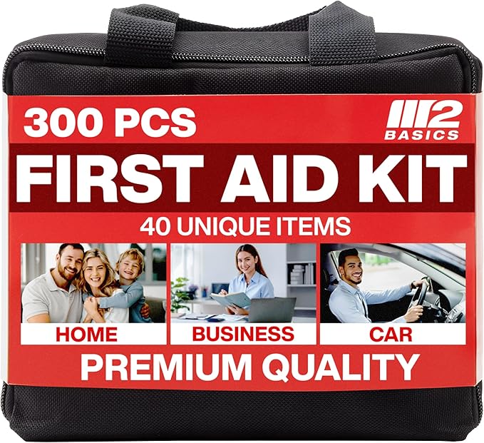 M2 BASICS 300 Piece First Aid Kit, 40 Items, Compact Emergency Medical Kit with Durable Carry Bag for Home, Car, Travel, Office, Camping