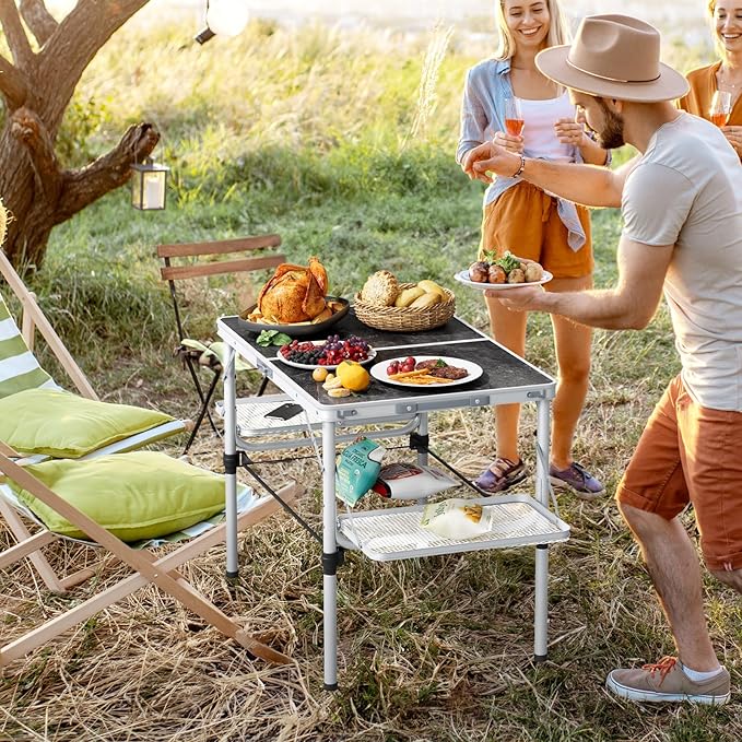 Titanker Folding Camping Table 3ft, Large Camp Table Portable with Extra Side Racks & Storage Net, Folding Picnic Table, Outdoor Patio Table, RV/Car Camping Essentials, Aluminum, Silver