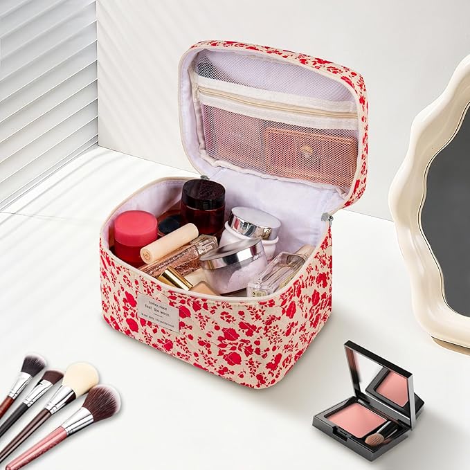 Gosect Large Makeup Bag, Cute Cosmetic Bag for Women Girls, Floral Coquette Aesthetic Toiletry Bag, Travel Make Up Organizer Bag (Pink Rose)