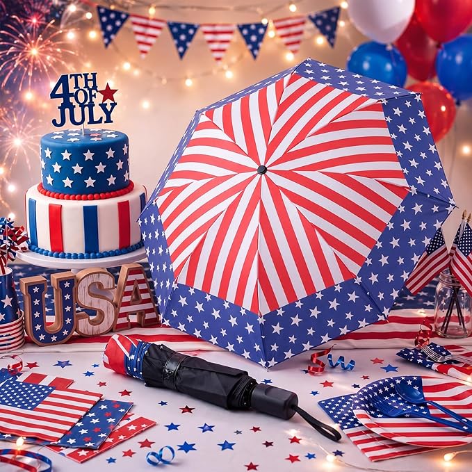 6 Pcs Patriotic American Umbrellas Red White Blue 4th of July Umbrellas with 8-Rib and Black Coating, Windproof