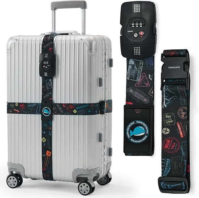 Travelkin Luggage Straps for suitcases TSA Approved,Adjustable Luggage Belts with Lock Fit 18-32 inch Suitcases(World Marks-Colorful-TSA)