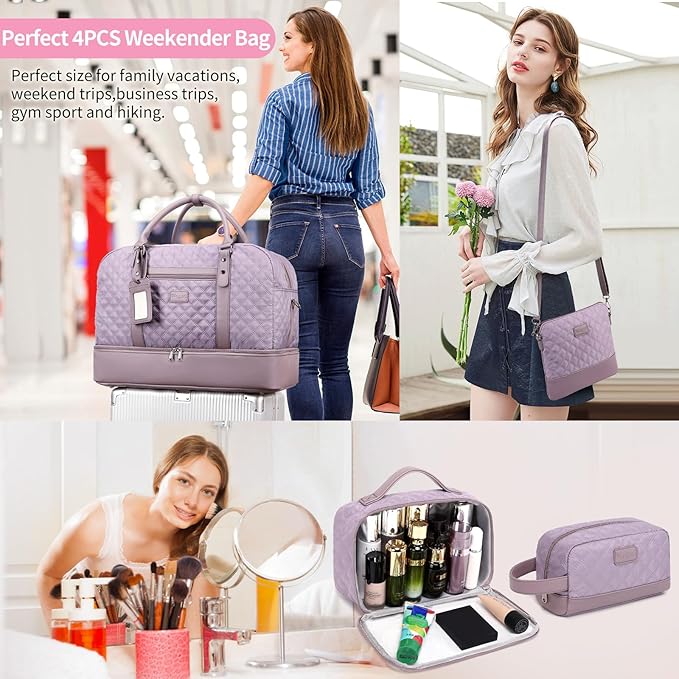 Wogarl 4PCS Weekender Bags for Women Large Overnight Weekend Travel Duffel Carry on Shoulder with Shoe Compartment Canvas Toiletry Bag for Travel Business Gym