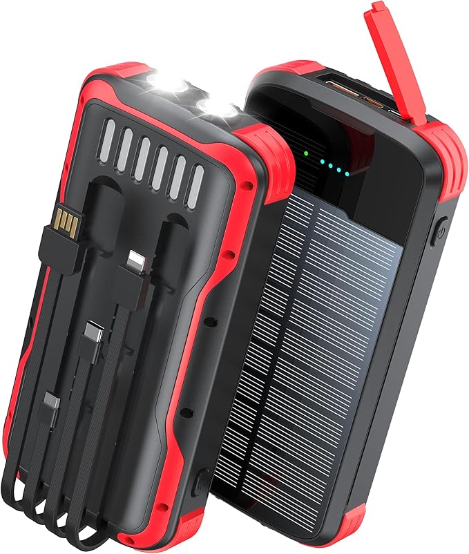 Solar Charger Power Bank, PD 20W Fast Charging External Batter, 40000mAh Portable Phone Charger Built in 4 Cables with Dual Bright Flashlights for Camping, Hiking, and Outdoor Use（RED）