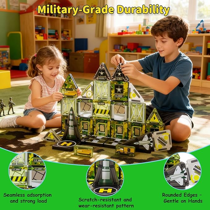 Magnetic Tiles,42PCS Magnetic Building Blocks with Metal Storage Box,Magnet Tiles for Kids Ages 3+,Magnet Tile for Boys & Girls(Military)