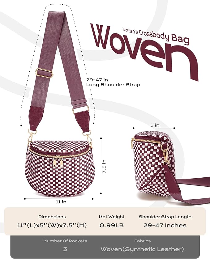 Trendy Woven Checkered Crossbody Bum Bag for Women，PU Leather Checkered Purse Fanny Packs Belt Bag (Woven Bum Bag - Wine Red White)