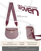 Trendy Woven Checkered Crossbody Bum Bag for Women，PU Leather Checkered Purse Fanny Packs Belt Bag (Woven Bum Bag - Wine Red White)