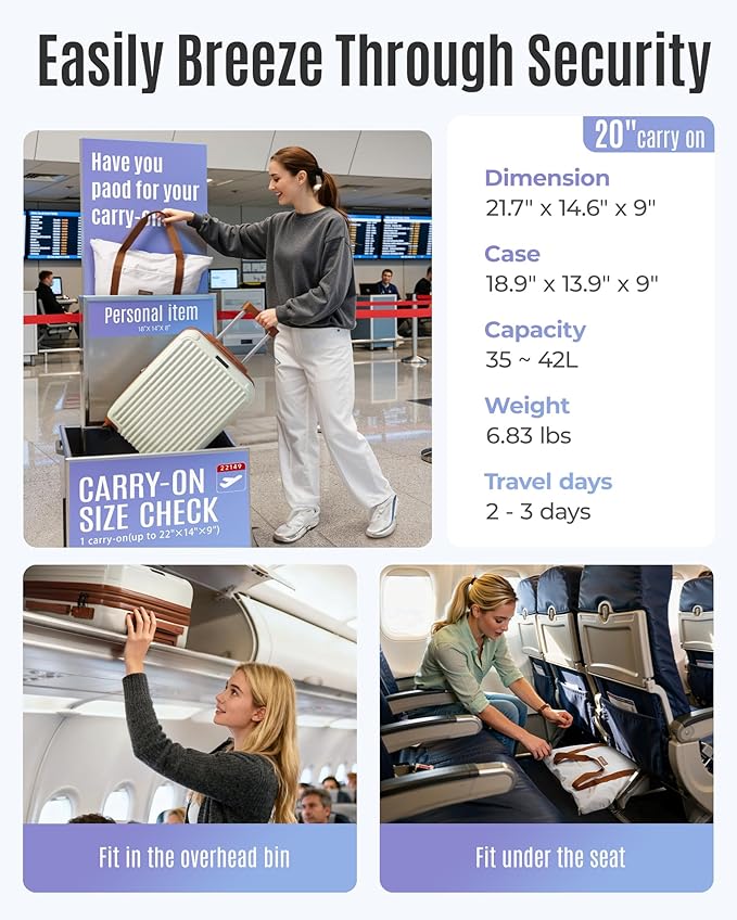 LIGHT FLIGHT 3-Piece Luggage Sets, Expandable Carry On Luggage 22x14x9 Airline Approved, Hardside Carry On Suitcases with Wheels, TSA Lock Travel Luggage Sets, Beige and Brown
