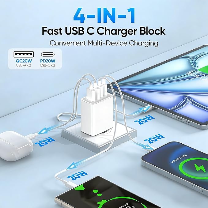 2 Pack USB C Charger Block 60W, 4-Port GaN5 Super Fast Phone Charger, Type C Charging Block PD 20W & QC 20W with 6.6FT USB C Cable for iPhone17 Air/17/16/15Pro Max Samsung Galaxy S24