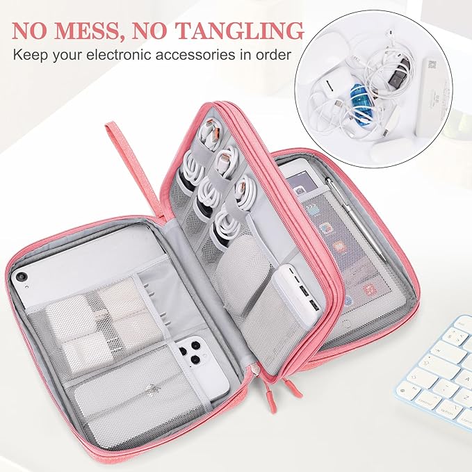 FYY Electronic Organizer, Extra Large Travel Cable Organizer Bag Pouch Portable Waterproof Double Layers All-in-One Storage Bag for iPad, Cable, Power Bank, Laptop Charger for Office/Home, Pink