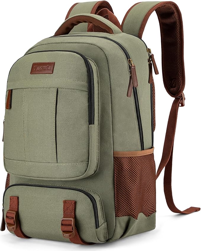 Tzowla Canvas Laptop Backpack, Bag for Men Women,Travel Work Rucksack Fits 15.6 Inch Laptop, Large Capacity Bookbag(Green)