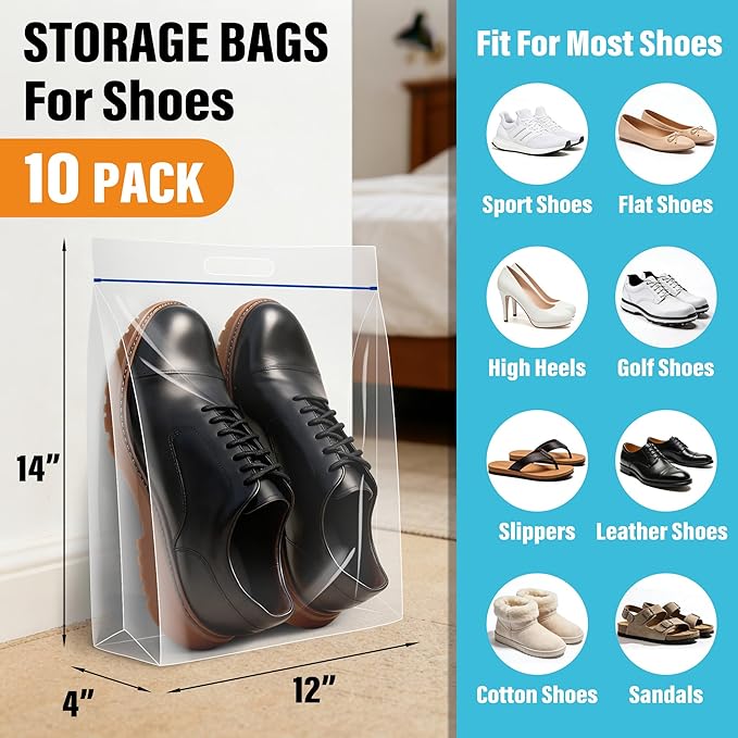 Waterproof Shoe Bags for Travel Packing Storage, Smellproof Travel Essentials Bag for Men and Women, Clear (10-pack)