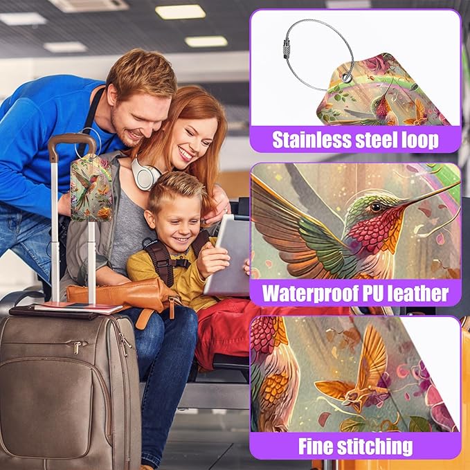 3 Pack Hummingbird Flowers Luggage Tags for Suitcase Floral PU Leather Travel Luggage Tag Privacy Cover ID Label for Women Men Baggage Backpack Handbag School Bag