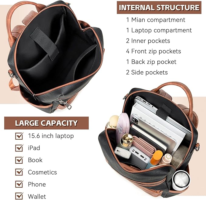 AGLOD Vegan Leather Laptop Backpack for Women 15.6 Inch Work Backpack Purse for Travel College