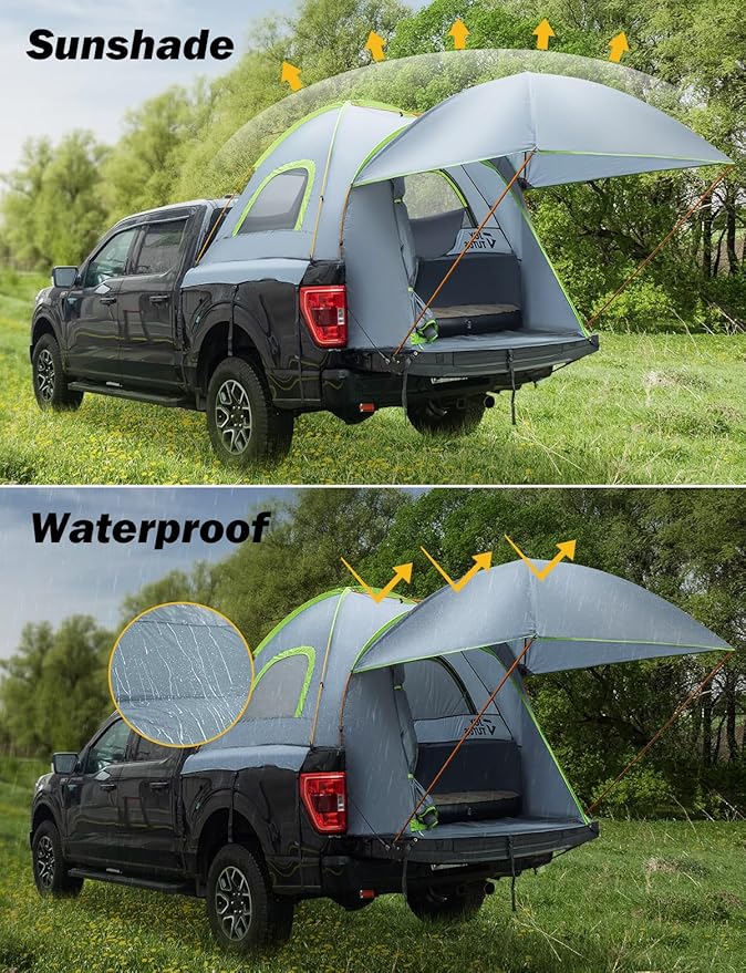 JOYTUTUS Pickup Truck Tent 6.5ft Bed Tent with Removable Awning, Waterproof PU2000mm Double Layer for 2 Person, Portable Truck Bed Tent - Green, Aluminum Pole