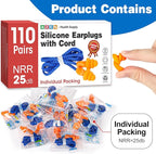 AZEN 110 Pairs Silicone Ear Plugs, Reusable Earplugs for Noise Reduction, 25dB NRR Corded Ear Plug for Sleeping Noise Cancelling, Ear Plug with String Individual Packing