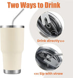 D·S 30oz Cream Tumbler Stainless Steel Insulated Travel Mug with Straw Lid Cleaning Brush (30oz Cream)