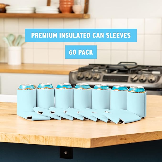 Blank Beer Can Cooler Sleeves (60-Pack) Soft Insulated Beer Can Coolies - HTV Friendly Blank Koolies in Bulk for Beer Cans & Bottles - Coolie Blanks for Vinyl Projects & Wedding Favors (Light Blue)