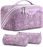 BOYATU Travel Makeup Bags Cosmetic Organizer Bag: 3 Pcs Set Large Capacity Floral Make up Bag with Compartments - Waterproof Leather Toiletry Bags with Handle for Women (21-Purple)