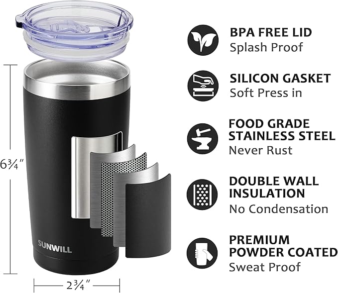 SUNWILL Travel Coffee Mug with Lid, 20 oz Tumbler Set of 2, Insulated Stainless Steel Cup for Water, Tea, Ice, Powder Coated Black 2 pack