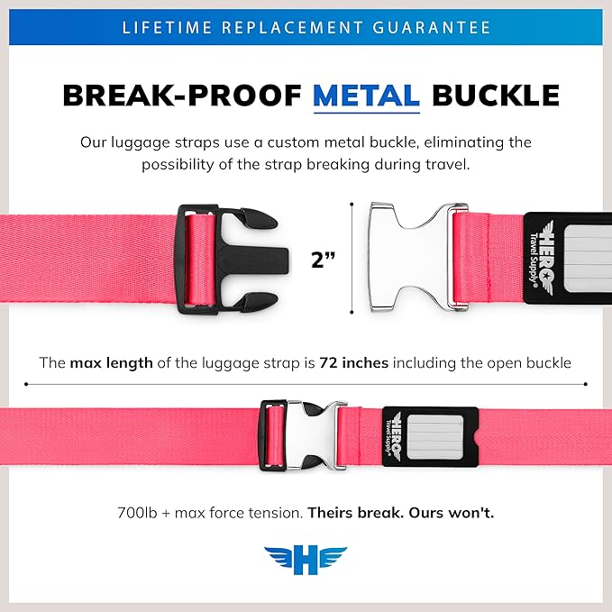 Hero Luggage Straps for Suitcases and Carry-On (2-Pack) Heavy-Duty Secure Belts with 700+ lbs. Max Force Tension (Pink)