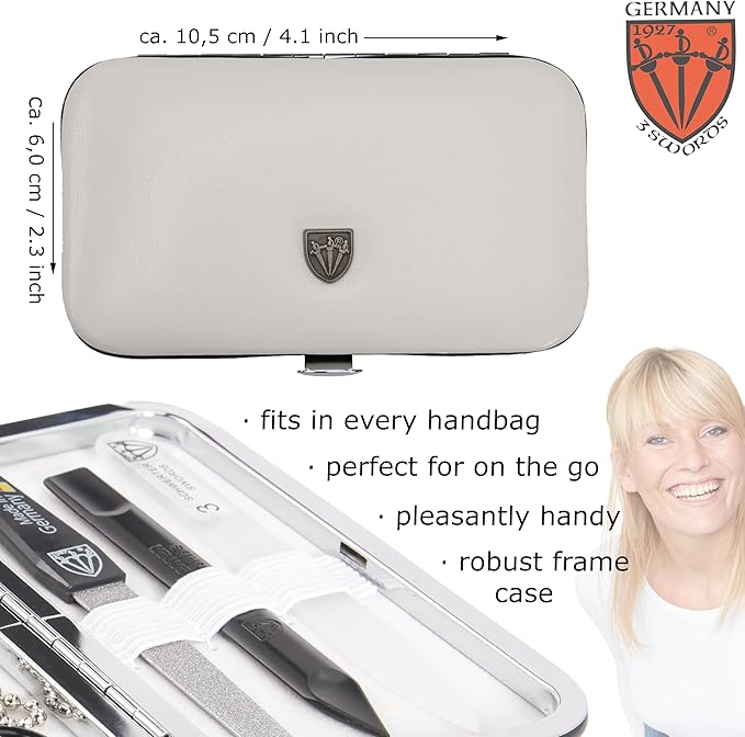 3 Swords Germany - Brand Quality 6 piece Manicure Pedicure Grooming kit Set - Scissors, Metal and Glass Nail File, Clipper, Tweezers with Synthetic Leather case - White/Black Tools