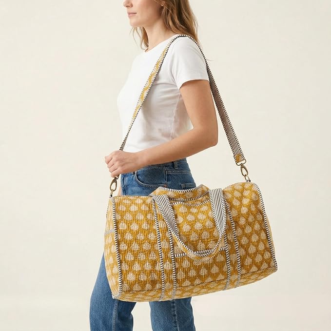 ATOSII Handblock Print 100% Cotton Large Quilted Duffle Bag for Overnight Trip, Travel Weekend Bag, Luggage, 2 Pockets with Zipper, 1 Front Pocket, Detachable Long Strap, 20 X 10 X 12 Inches, Flax