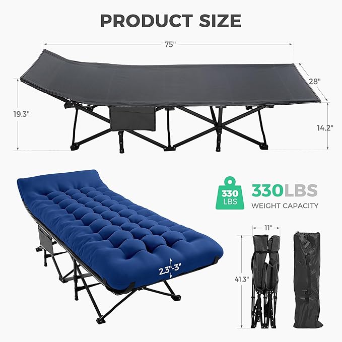 JEAREY 2-Piece Camping Cot for Sleeping 28" Extra Wide, Heavy-Duty 1200D Oxford Foliding Cots for Adults Portable with Mattress, Carry Bag for Guest, Travel, Hiking, Navy