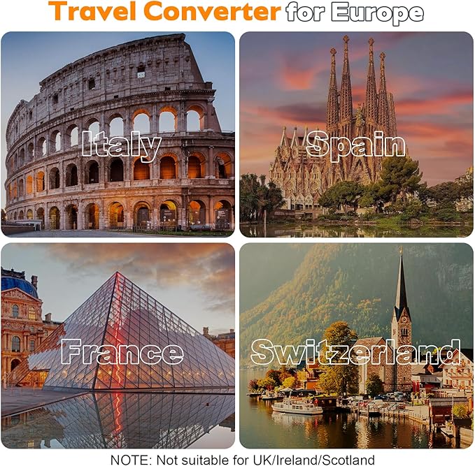 Voltage Converter US to Europe Travel: 220V to 110V Converter for European Country, Adapter with Fast Charging 2 USB A&2 Type C Worldwide Power Converter Adapter Combo for Germ, France, Italy, etc
