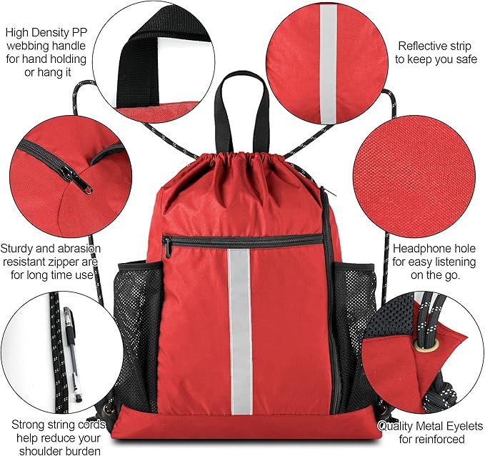 BeeGreen Red Drawstring Backpack Gymsack Bag with Shoe Compartment and Two Side Mesh Pockets Lightweight Durable Sports Cinch Sackpack 1 Pack for Women Men Workout Swim
