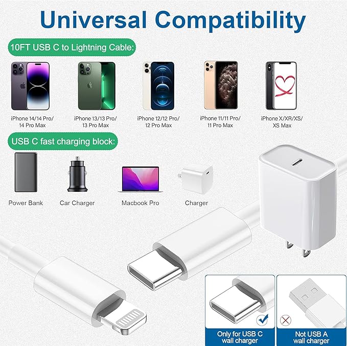 10FT iPhone Fast Charger,3Pack Extra Long[Apple MFi Certified]iPhone USB C Charger Fast Charging 10Foot USB C to Lightning Cable Cord Quick Adapter Block for iPhone14 13 12 11 Pro Max/Plus/Mini/X,iPad