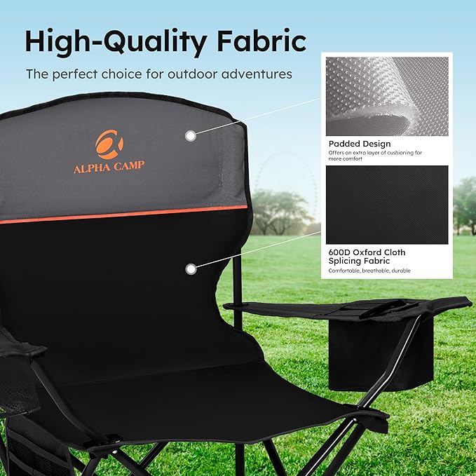 ALPHA CAMP Camping Chairs 250LBS Capacity, Heavy Duty Folding Chair with 4-Can Cooler Bag, Portable Outdoor Chair with Cup Holder for Adults, Collapsible for Tailgating, Beach, Fishing,Black,2PC