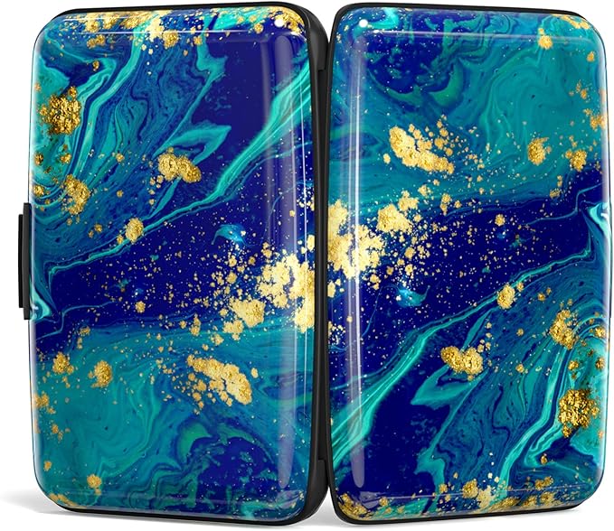 Credit Card Holder, Mini Aluminum Card Wallet RFID Blocking Slim Metal Hard Card Case for Women Men, Blue Green Marbling