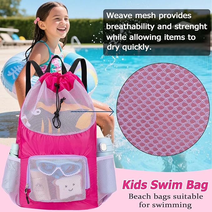 Swim Bag for Kids Mesh Beach Backpack for Girls Lightweight Drawstring Beach Bag Swimming Pool Sports Gym String Bag (Purple)