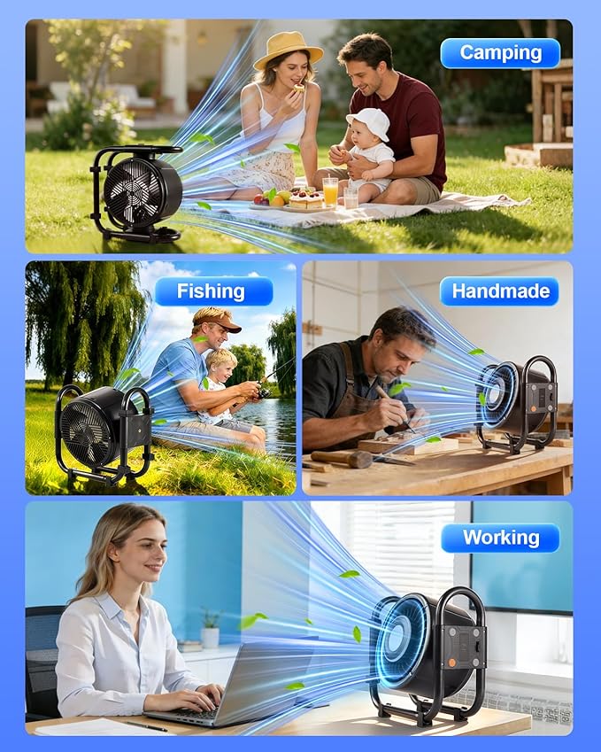 Oscillating Camping Fan Rechargeable - 16000mAh Battery Powered Fan with 6 Winds Night & RGB Ambient Light Digital Display 120° Vertical & horizontal Rotation for Camping Tent Fishing Outdoor