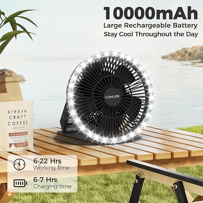 Portable Camping Fan with LED Lantern, 24HRS Running 8inch Rechargeable Tent Fan, Powerful 3-Speed 180° Rotate with Hook, Quiet for Outdoor RV Travel Fishing Hurricane Emergency Power Outage