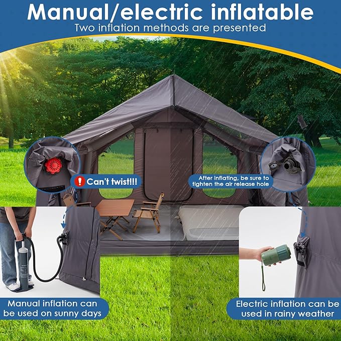 Inflatable Camping Tent with Electric Air Pump - 420D Heavy Duty Oxford - 5 Min Auto-Inflation - Panoramic Stargazing Skylight - 4 Season Luxury Glamping Cabin, 4-10 Person Multiple Sizes