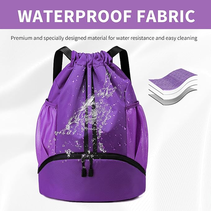 JELUTAR Drawstring Backpack Gym Bag with Shoes Compartment for Soccer, Basketball, Swim, Water-Resistant String Backpack Beach Cinch for Women Men, Purple