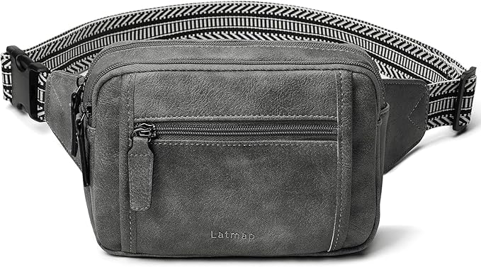 LATMAP 3L TRIPLE ZIP Fanny Packs Belt Bag For Women Men Crossbody Waist Pack Sling Chest Bum Travel Bag Purse Faux Leather Fashion Cute Dark Grey
