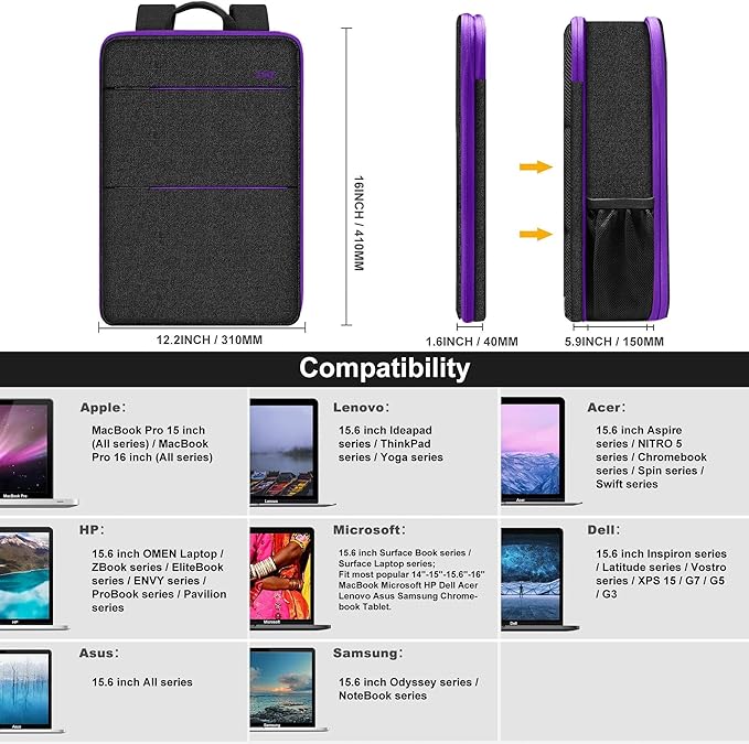 ZINZ Slim & Expandable Laptop Backpack 15 15.6 16 Inch Case, Water Resistant Travel Backpack Compatible with MacBook Pro/Neo 16" 15", Dell XPS 15 16 and Most 15" 15.6" 16" Notebooks，B01PU01