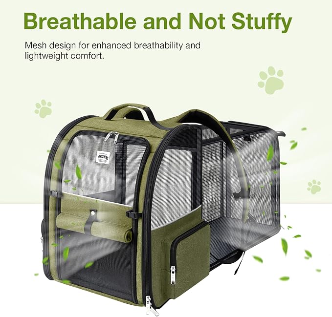 Large Cat Backpack Carrier Expandable Pet Carrier Backpack for Small Dogs Medium Cats Fit Up to 18 Lbs, Dog Backpack Carrier, Foldable Puppy Backpack Carrier for Travel, Hiking,Dark Green