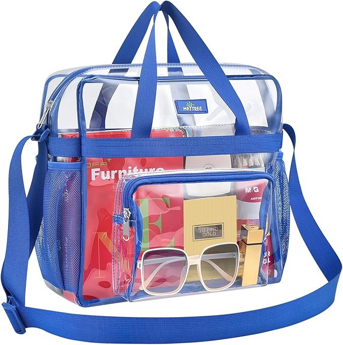 MAY TREE Clear Bag for Stadium Events 12×6×12 Clear Tote Lunch Bag with Reinforced Straps for Work, Sporting Events and Gym, Blue