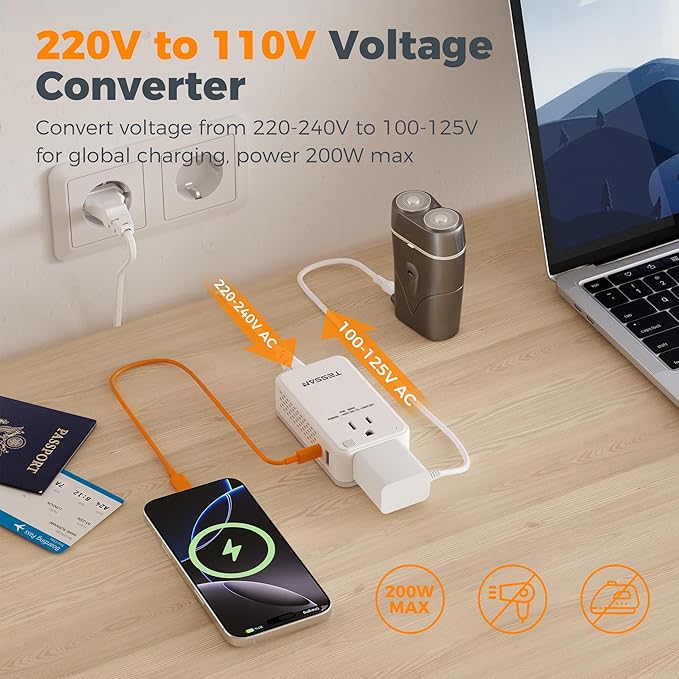 Compact 220V to 110V Voltage Converter US to Europe, TESSAN Universal Travel Adapter with 2 AC Outlets and 2 USB (1 USB-C), 200W Small Power Converter with EU/UK/AU/IT/India Plugs for Travel