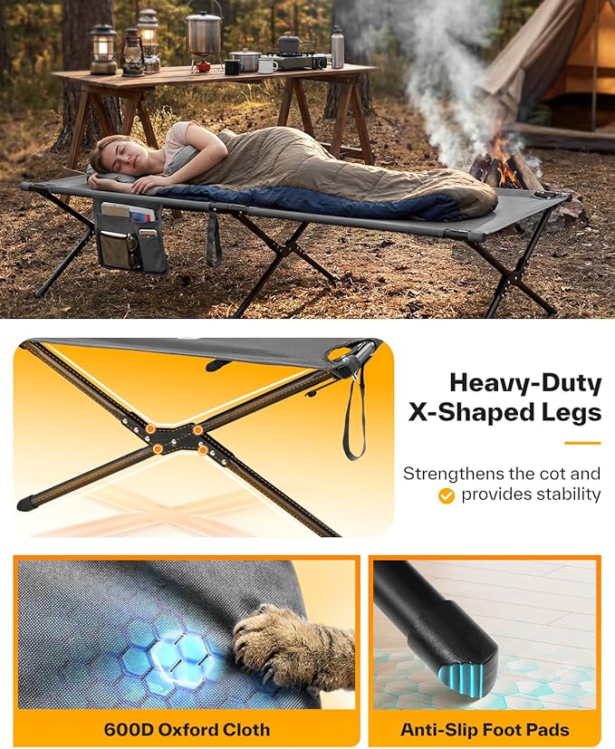 Sportneer Camping Cot, 78.3"x28.7"x14.6" Sturdy 6-Leg Foldable Guest Bed for Adults with Storage Bag & Side Pocket, Compact Portable Design 330 LBS Support