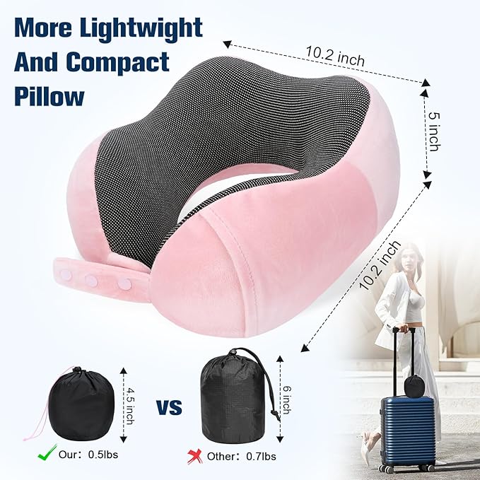 Cirorld Neck Pillow for Traveling, Travel Pillows for Airplanes,100% Pure Memory Foam Travel Neck Pillow, Adjustable Flight Pillow, Portable Plane Accessories with Eye Mask, Earplugs, Carry Bag