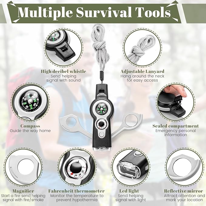 Arrowbash 12 Pack Emergency Survival Whistle 7-in-1 Compass Hiking Survival Safety Whistle with Lanyard Outdoor Multifunctional Tool Ideal for Hiking Camping Rescue Signaling