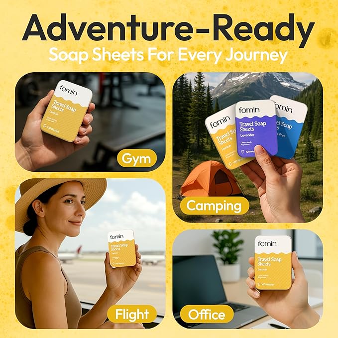 FOMIN - Antibacterial Paper Soap Sheets for Traveling - 100 Lemon Portable Hand Soap Sheets for Travel in Tin - Dissolvable Mini Portable Travel Soap Sheet for Hand Washing, Camping and Hiking