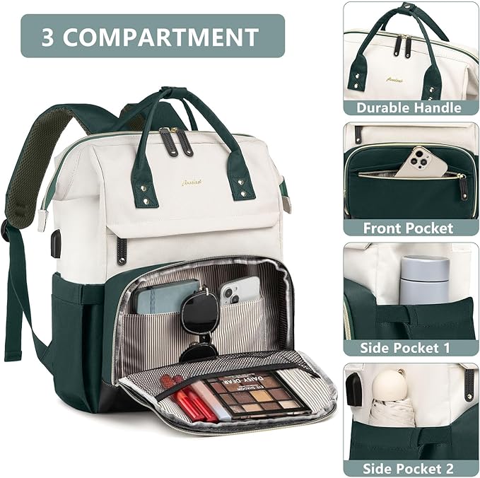 Laptop Backpack for Womem Work Bags: 17.3 Inch Travel BackPacks With USB Charging Port Anti Theft Fashion College BookBag Durable Daypack Purse Bussiness Back Pack for Nurse Teacher Green Beige